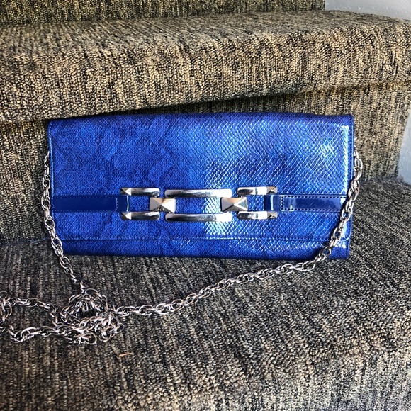Women's Blue Snake Print White House Black Market Clutch with Chain.